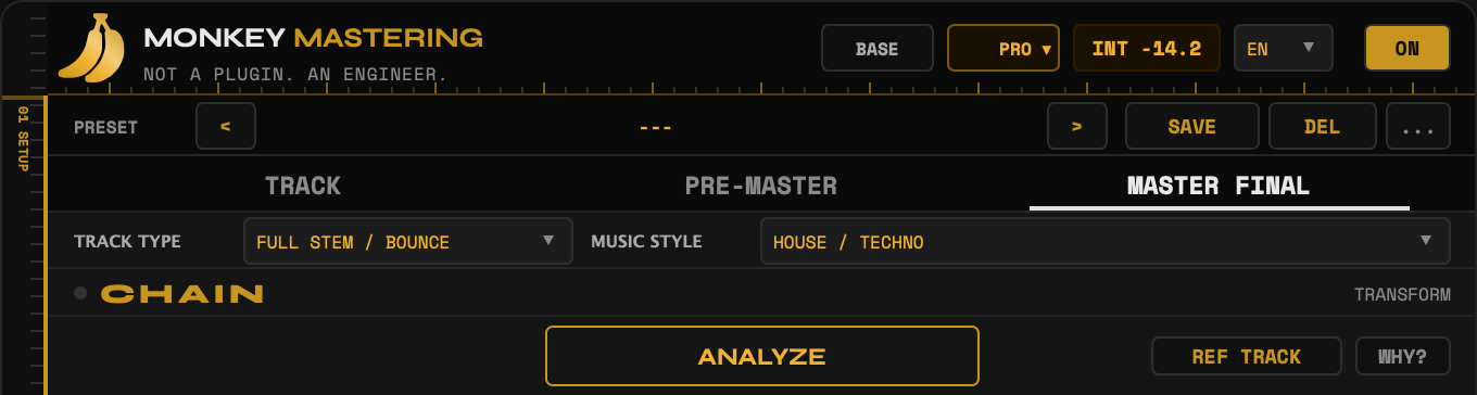 MONKEY MASTERING interface — header and SETUP: preset bar, the TRACK / PRE-MASTER / MASTER FINAL mode tabs, and the track type and music style selectors