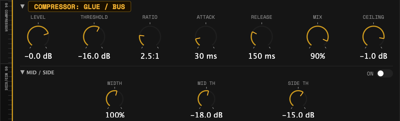 MONKEY MASTERING interface — compressor controls (level, threshold, ratio, attack, release, mix, ceiling) above the mid/side width and thresholds