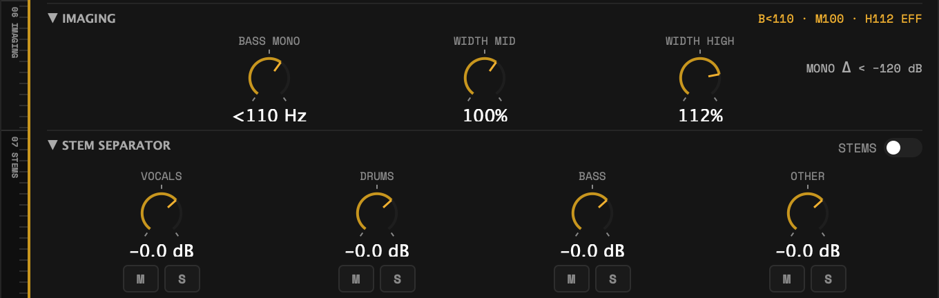 MONKEY MASTERING interface — imaging controls for bass mono and per-band width, above the four-way stem separator with mute and solo per stem