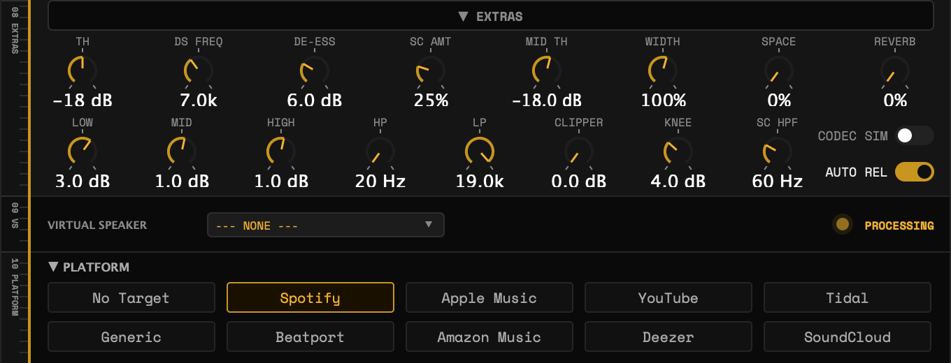 MONKEY MASTERING interface — the extras row, the virtual speaker selector and the platform grid with the eight streaming targets