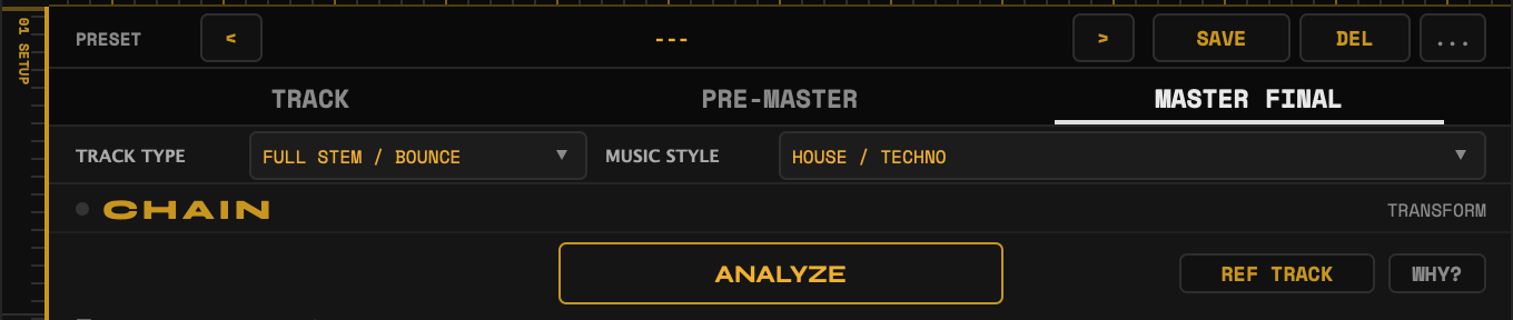 The SETUP section: the preset row, the TRACK, PRE-MASTER and MASTER FINAL mode tabs, and the Track Type and Music Style selectors.